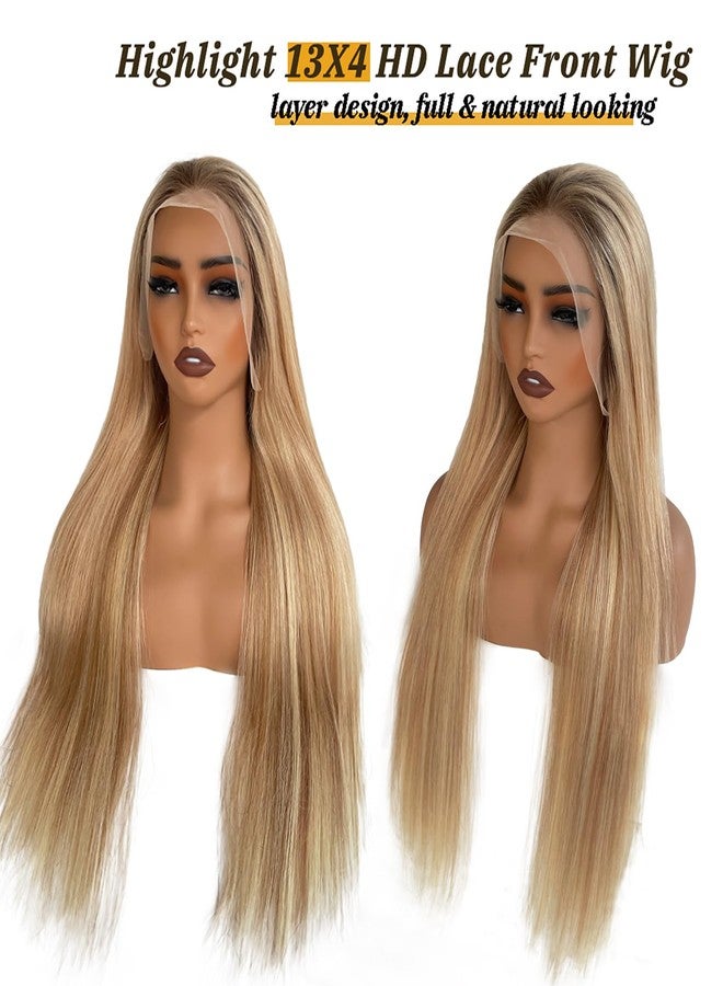 Smavida Highlights 13x4 Transparent Blonde Lace Wig Human Hair 4/12/613 Mixed Color Ombre Mediun to Brown with Honey Blonde Highlight Lace Front Human Hair Wigs Pre Plucked with Bleached Knots for White Women - Image 4